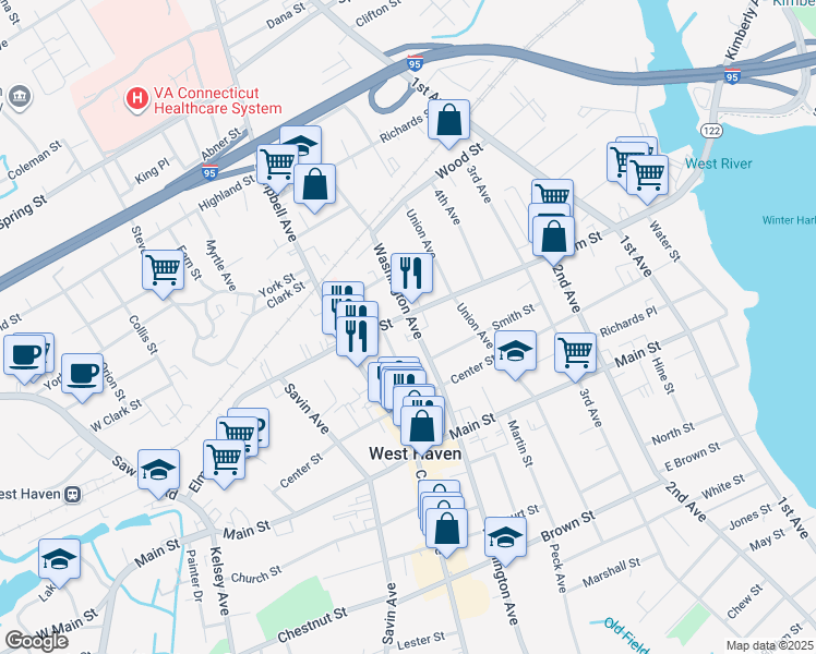 map of restaurants, bars, coffee shops, grocery stores, and more near 620 Washington Avenue in West Haven