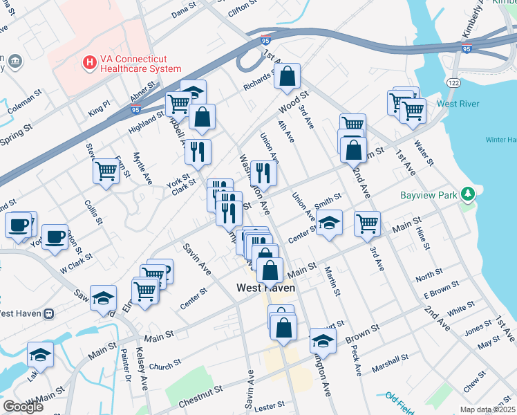 map of restaurants, bars, coffee shops, grocery stores, and more near 11 Ward Place in West Haven