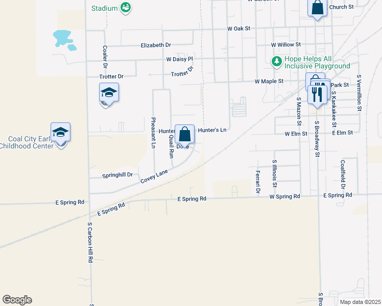 map of restaurants, bars, coffee shops, grocery stores, and more near 815 Covey Lane in Coal City