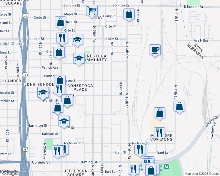 map of restaurants, bars, coffee shops, grocery stores, and more near 1804 North 18th Street in Omaha