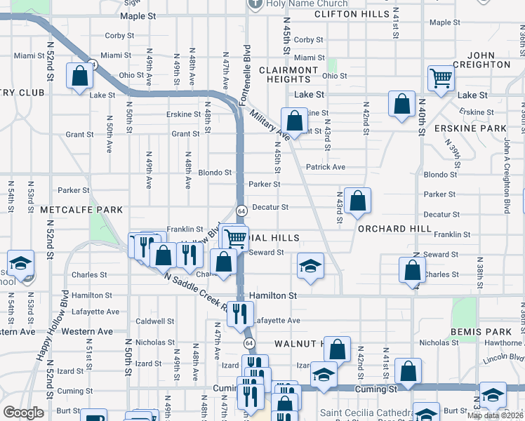 map of restaurants, bars, coffee shops, grocery stores, and more near 4520 Franklin Street in Omaha