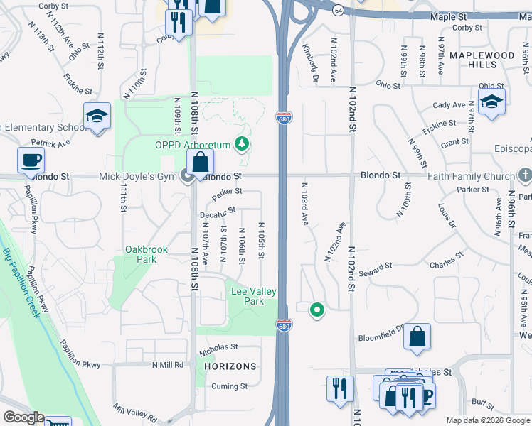 map of restaurants, bars, coffee shops, grocery stores, and more near 1711 North 105th Street in Omaha