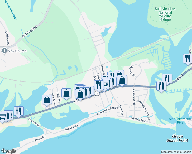 map of restaurants, bars, coffee shops, grocery stores, and more near 38 Broadway North in Westbrook