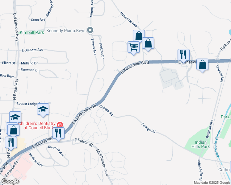 map of restaurants, bars, coffee shops, grocery stores, and more near 1831 East Kanesville Boulevard in Council Bluffs