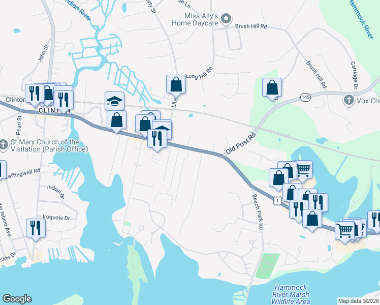 map of restaurants, bars, coffee shops, grocery stores, and more near 144 East Main Street in Clinton