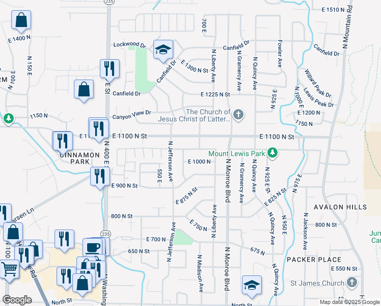 map of restaurants, bars, coffee shops, grocery stores, and more near 693 East 1000 North in Ogden