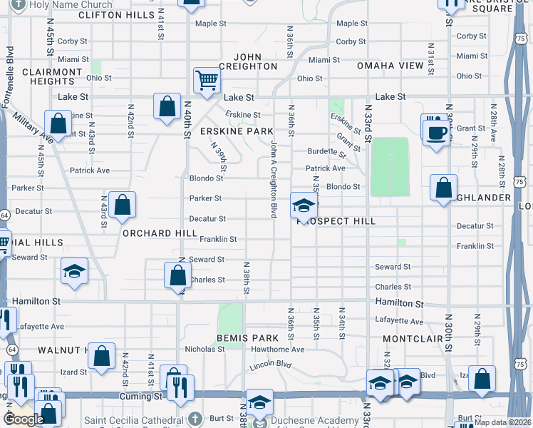 map of restaurants, bars, coffee shops, grocery stores, and more near 1715 John A Creighton Boulevard in Omaha