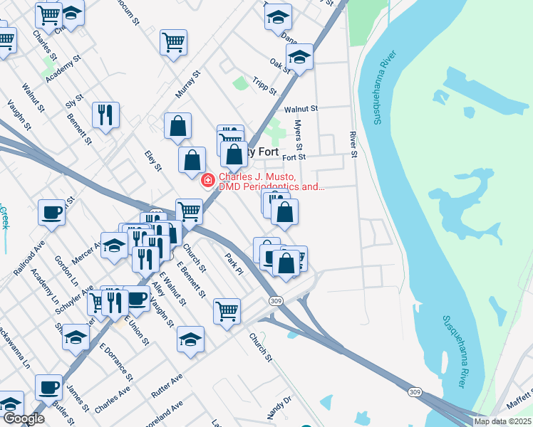 map of restaurants, bars, coffee shops, grocery stores, and more near 100 East Pettebone Street in Forty Fort