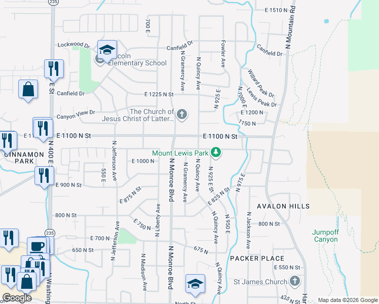map of restaurants, bars, coffee shops, grocery stores, and more near 1042 North Gramercy Avenue in Ogden