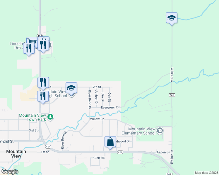 map of restaurants, bars, coffee shops, grocery stores, and more near 528 Oak Street in Fort Bridger