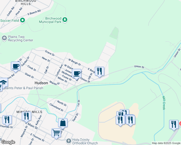 map of restaurants, bars, coffee shops, grocery stores, and more near 30 East Stanton Street in Wilkes-Barre