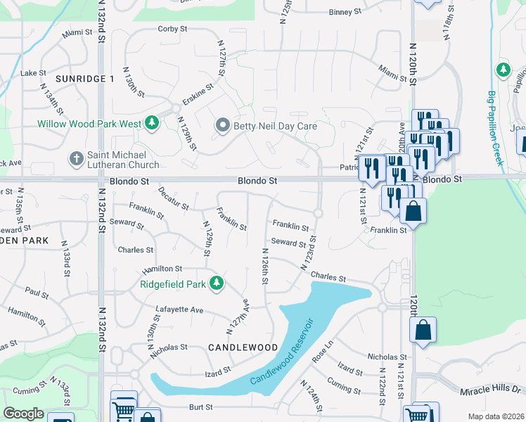 map of restaurants, bars, coffee shops, grocery stores, and more near 12359 Franklin Street in Omaha