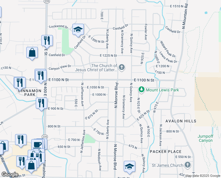 map of restaurants, bars, coffee shops, grocery stores, and more near 1038 North Liberty Avenue in Ogden