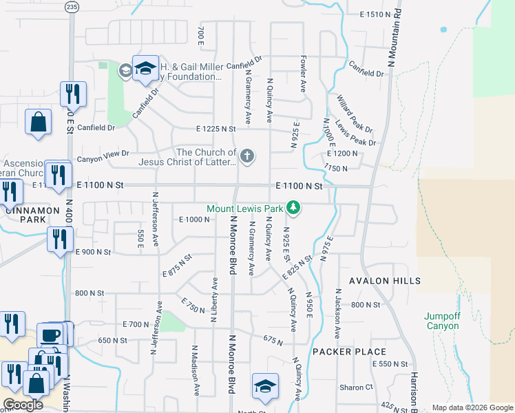map of restaurants, bars, coffee shops, grocery stores, and more near 1042 North Gramercy Avenue in Ogden