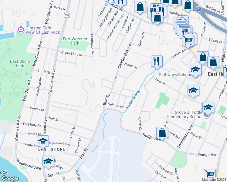 map of restaurants, bars, coffee shops, grocery stores, and more near 171 Burr Street in East Haven
