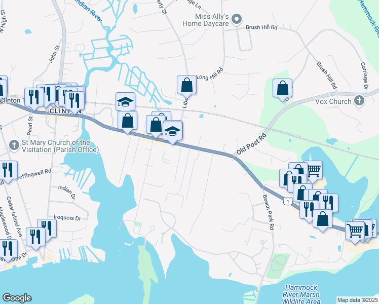 map of restaurants, bars, coffee shops, grocery stores, and more near 4 College Street in Clinton