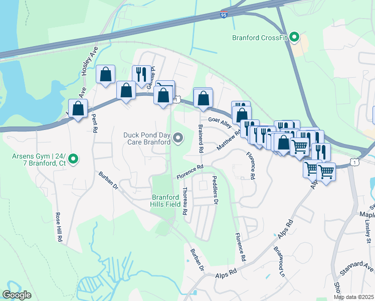 map of restaurants, bars, coffee shops, grocery stores, and more near 62 Matthew Road in Branford