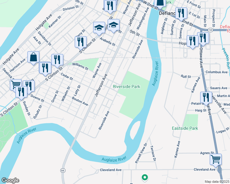 map of restaurants, bars, coffee shops, grocery stores, and more near 997 Riverside Avenue in Defiance