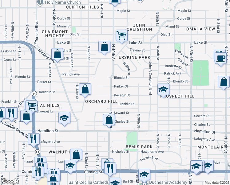 map of restaurants, bars, coffee shops, grocery stores, and more near 3853 Decatur Street in Omaha
