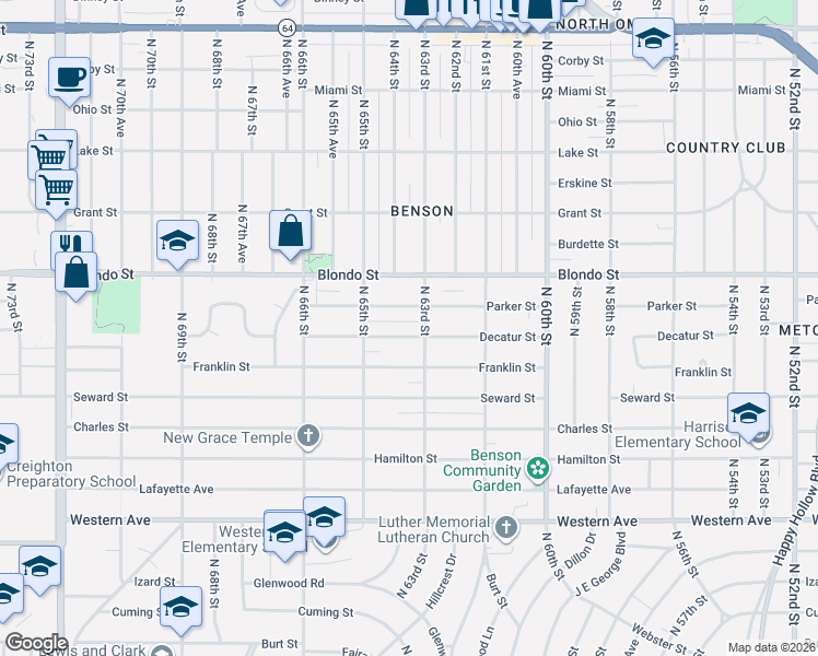 map of restaurants, bars, coffee shops, grocery stores, and more near 6314 Franklin Street in Omaha