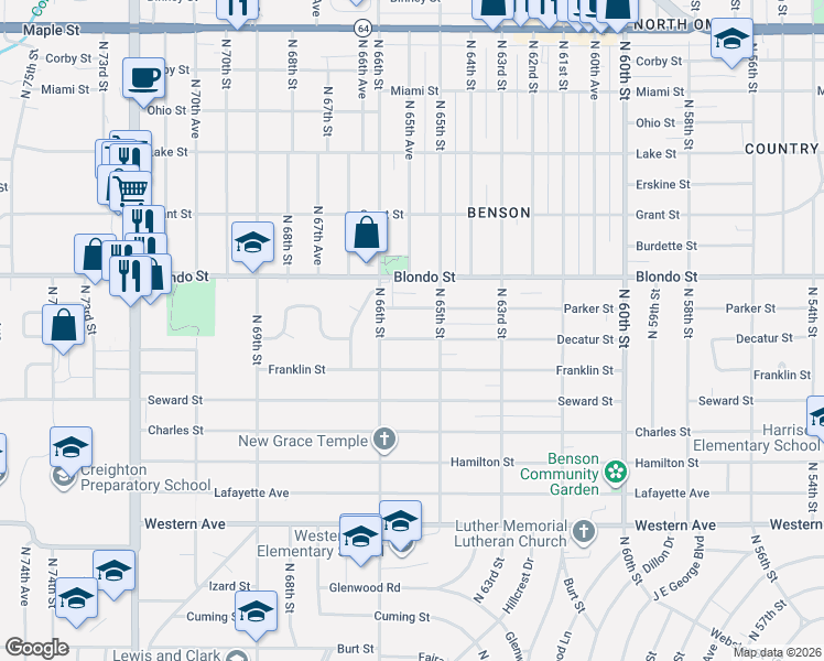 map of restaurants, bars, coffee shops, grocery stores, and more near 6535 Decatur Street in Omaha