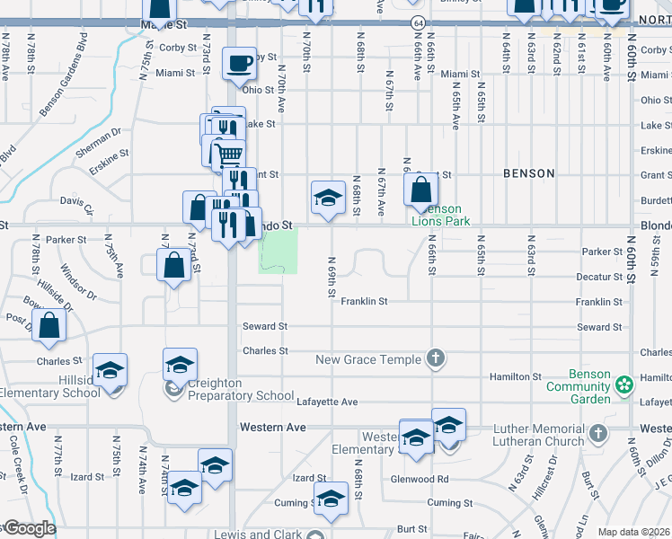 map of restaurants, bars, coffee shops, grocery stores, and more near 1624 North 69th Street in Omaha