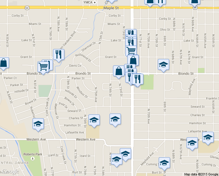 map of restaurants, bars, coffee shops, grocery stores, and more near 7402 Decatur Street in Omaha