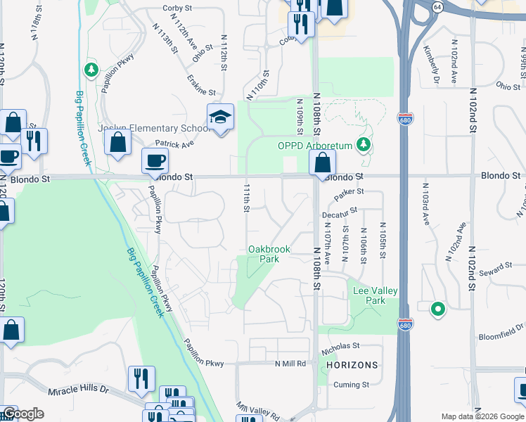 map of restaurants, bars, coffee shops, grocery stores, and more near 1712 North 110th Avenue Circle in Omaha
