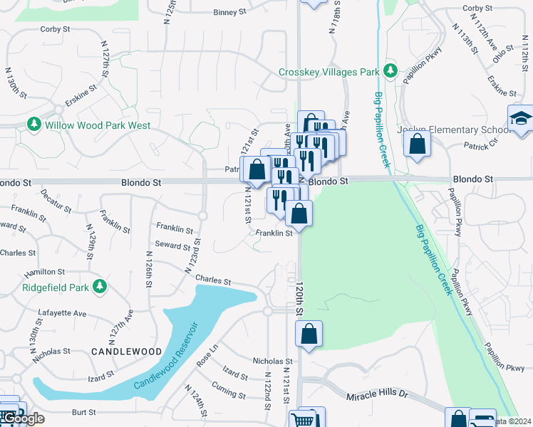 map of restaurants, bars, coffee shops, grocery stores, and more near 1702 120th Street in Omaha