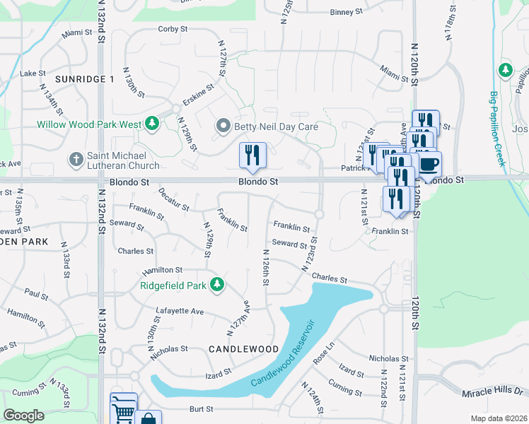 map of restaurants, bars, coffee shops, grocery stores, and more near 12359 Franklin Street in Omaha