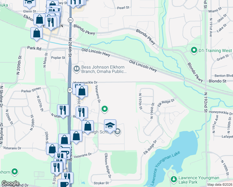 map of restaurants, bars, coffee shops, grocery stores, and more near 1999 Veterans Drive in Omaha