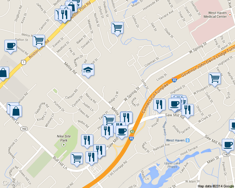 map of restaurants, bars, coffee shops, grocery stores, and more near 26 Ridge Court West in West Haven