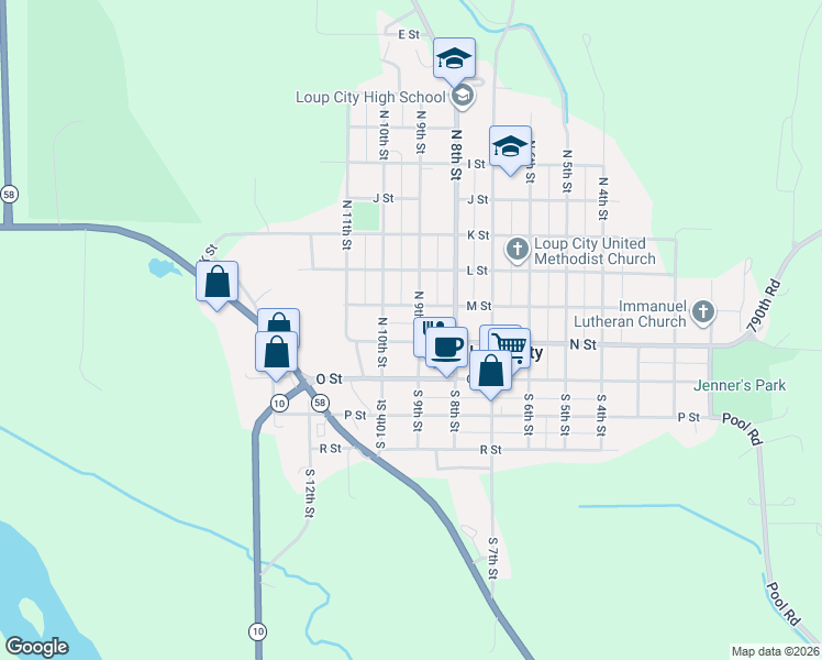 map of restaurants, bars, coffee shops, grocery stores, and more near 50-98 North 9th Street in Loup City