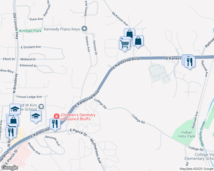 map of restaurants, bars, coffee shops, grocery stores, and more near 1831 East Kanesville Boulevard in Council Bluffs