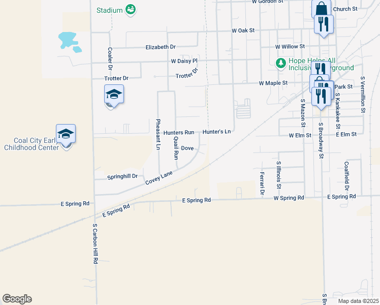 map of restaurants, bars, coffee shops, grocery stores, and more near 587 Dove in Coal City
