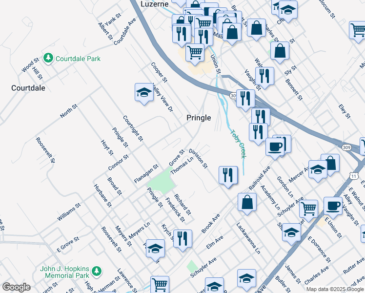 map of restaurants, bars, coffee shops, grocery stores, and more near 466 Grove Street in Pringle
