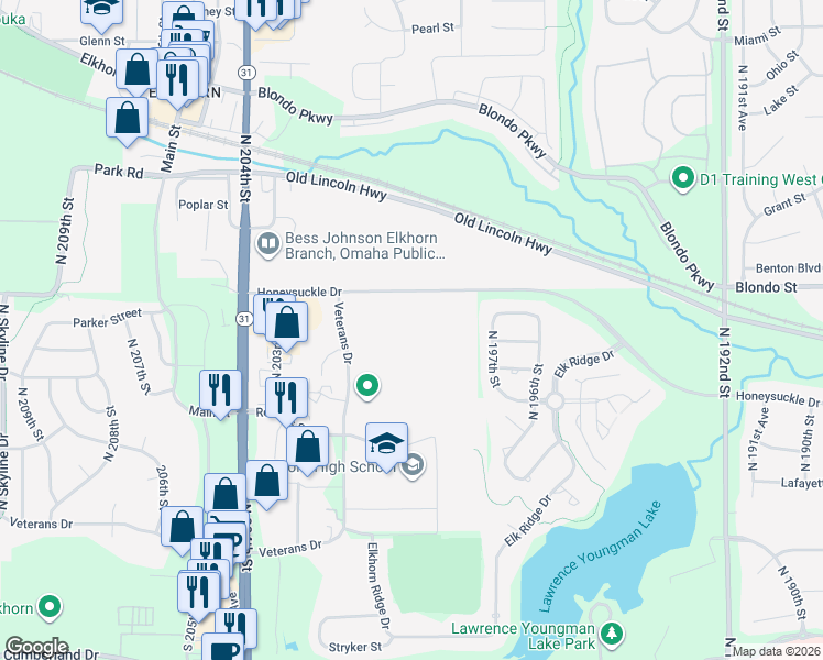 map of restaurants, bars, coffee shops, grocery stores, and more near 1999 Veterans Drive in Omaha