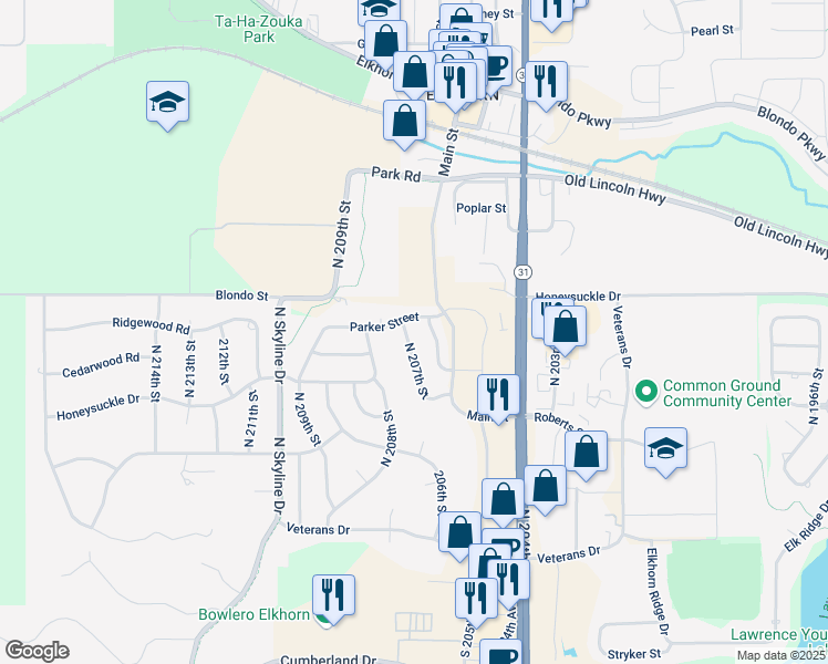 map of restaurants, bars, coffee shops, grocery stores, and more near 20610 Parker Street in Omaha