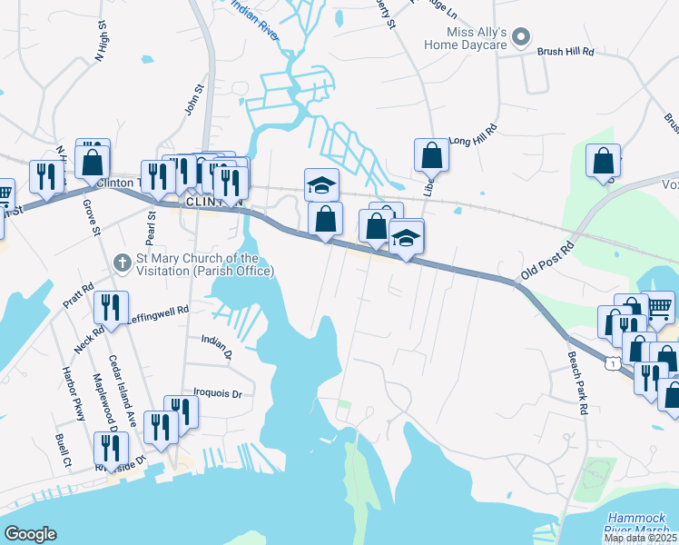 map of restaurants, bars, coffee shops, grocery stores, and more near 82 East Main Street in Clinton