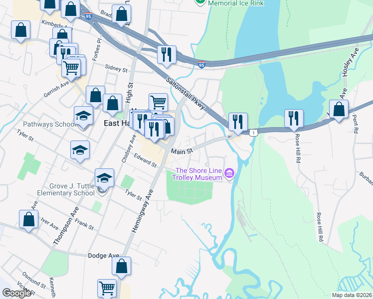 map of restaurants, bars, coffee shops, grocery stores, and more near 129 Main Street in New Haven