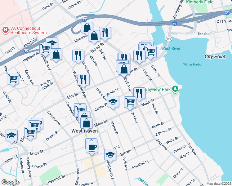 map of restaurants, bars, coffee shops, grocery stores, and more near 1 Smith Street in West Haven