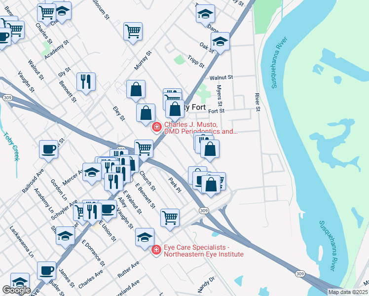 map of restaurants, bars, coffee shops, grocery stores, and more near 24 East Pettebone Street in Forty Fort