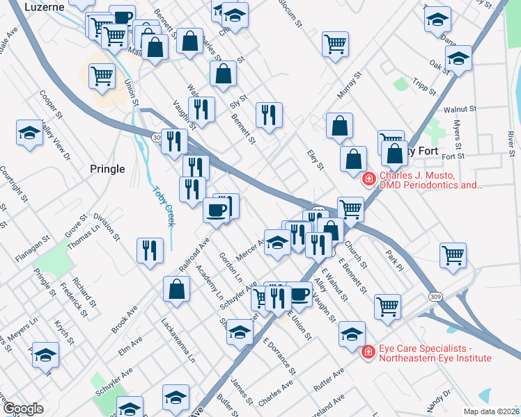 map of restaurants, bars, coffee shops, grocery stores, and more near 132 West Walnut Street in Kingston