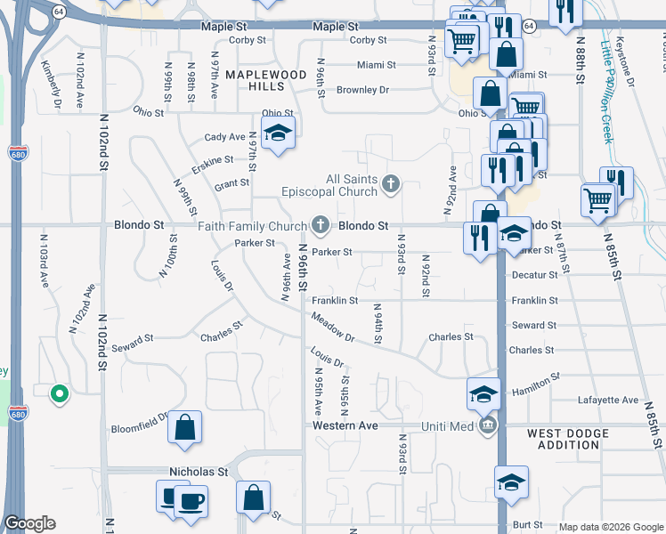 map of restaurants, bars, coffee shops, grocery stores, and more near 9419 Parker Street in Omaha