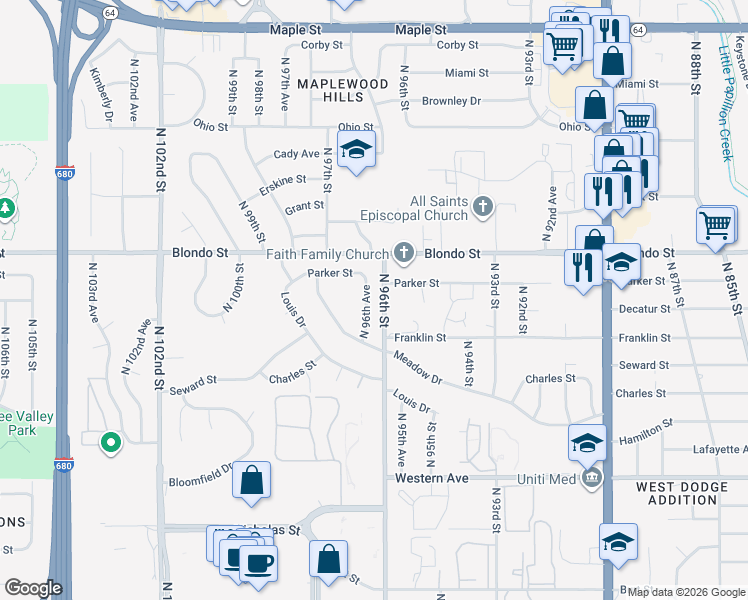 map of restaurants, bars, coffee shops, grocery stores, and more near 1488 North 96th Avenue in Omaha