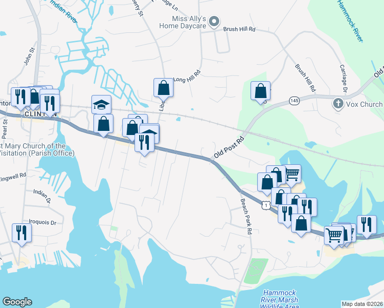 map of restaurants, bars, coffee shops, grocery stores, and more near 145 East Main Street in Clinton