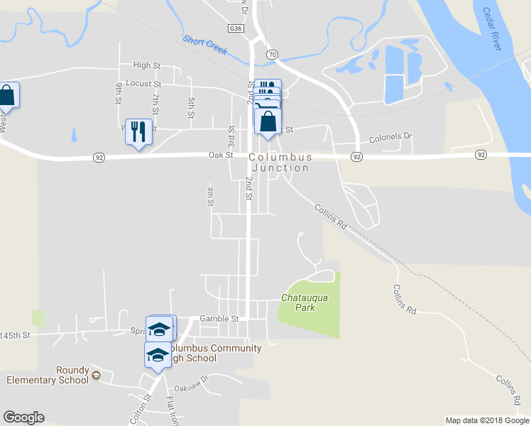 map of restaurants, bars, coffee shops, grocery stores, and more near 122 Maple Street in Columbus Junction