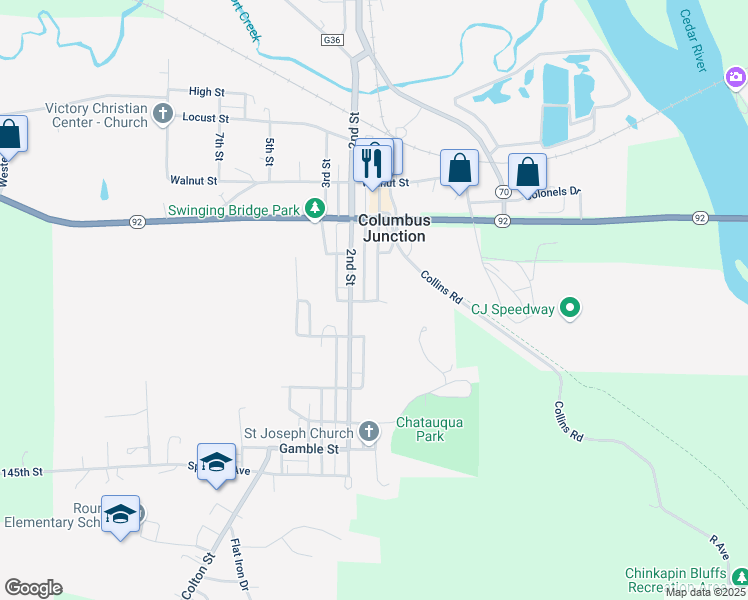 map of restaurants, bars, coffee shops, grocery stores, and more near 122 Maple Street in Columbus Junction
