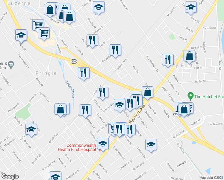 map of restaurants, bars, coffee shops, grocery stores, and more near 133 West Vaughn Street in Kingston