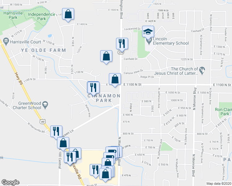 map of restaurants, bars, coffee shops, grocery stores, and more near 1040 North Washington Boulevard in Harrisville
